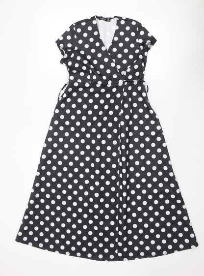 Boohoo Womens Black Polka Dot Polyester A-Line Size 8 V-Neck Tie