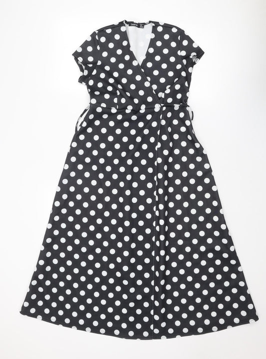 Boohoo Womens Black Polka Dot Polyester A-Line Size 8 V-Neck Tie
