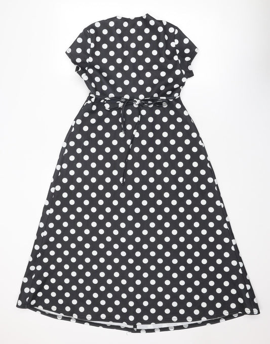 Boohoo Womens Black Polka Dot Polyester A-Line Size 8 V-Neck Tie