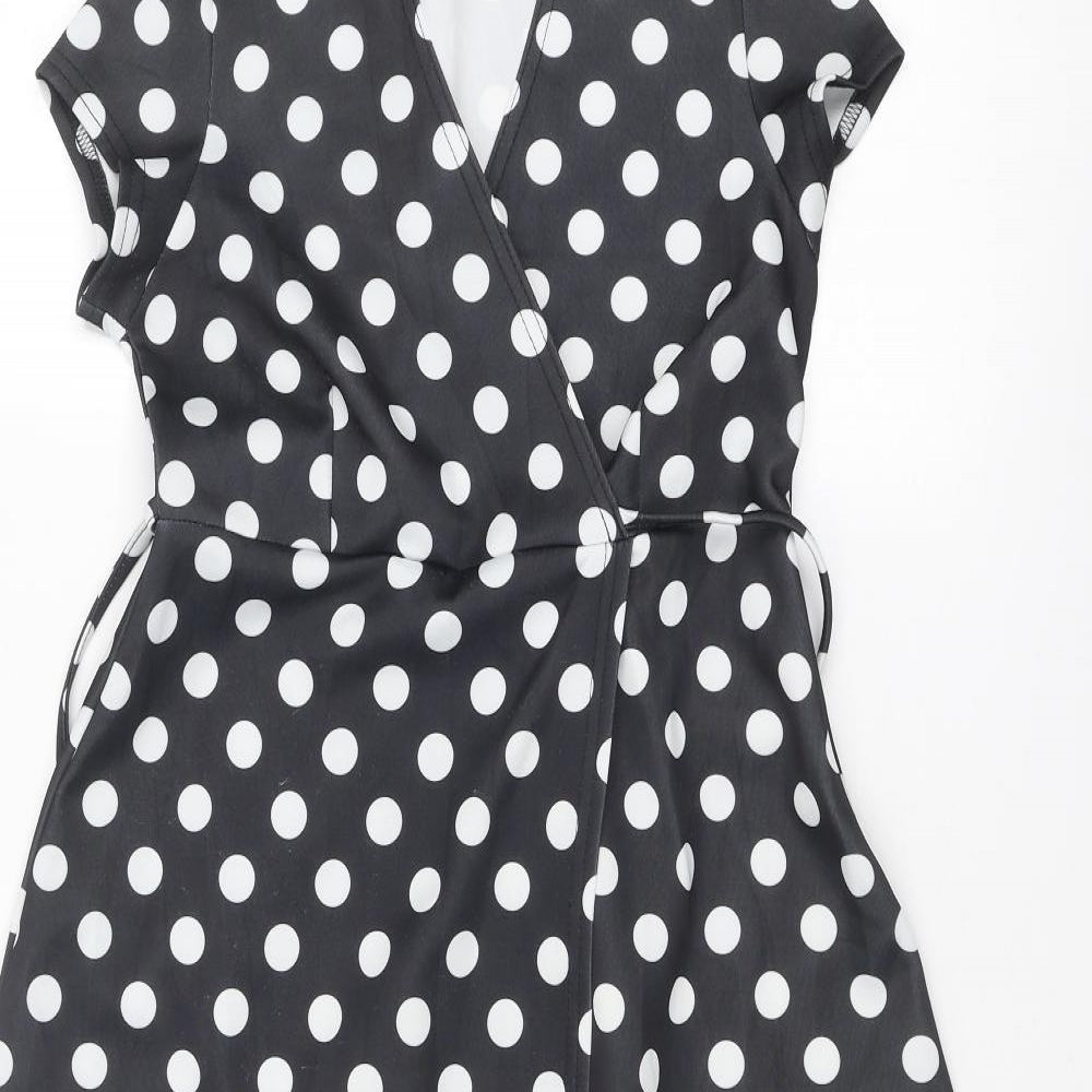 Boohoo Womens Black Polka Dot Polyester A-Line Size 8 V-Neck Tie