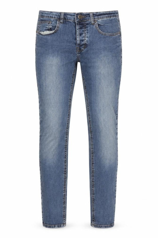 Front view of Denim & Co. men’s blue cotton skinny jeans, size 30, in regular zip