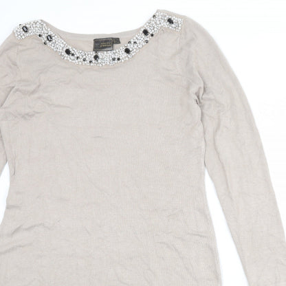 bpc Womens Beige Viscose Shift Size M Round Neck Pullover