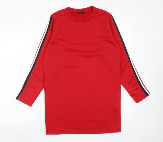Additional front view of I SAW IT FIRST women’s red polyester jumper dress, crew neck pullover - side stripe detail