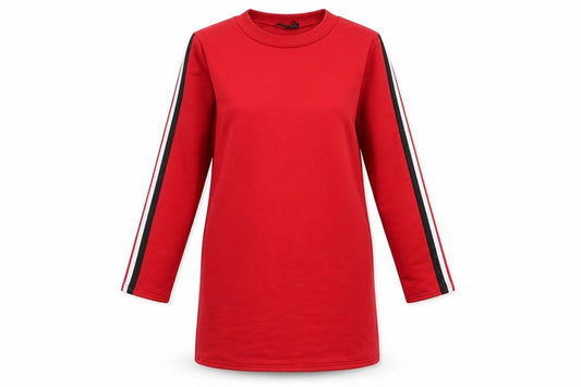 Front view of I SAW IT FIRST women’s red polyester jumper dress, size UK 6, crew neck pullover - side stripe detail