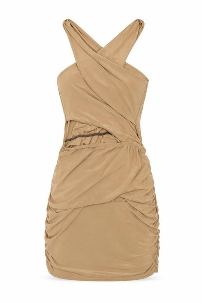 PRETTYLITTLETHING Womens Beige Polyester Mini Size 14 V-Neck Pullover