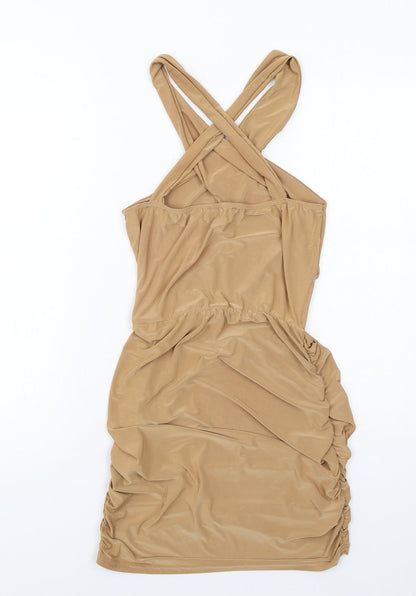 PRETTYLITTLETHING Womens Beige Polyester Mini Size 14 V-Neck Pullover