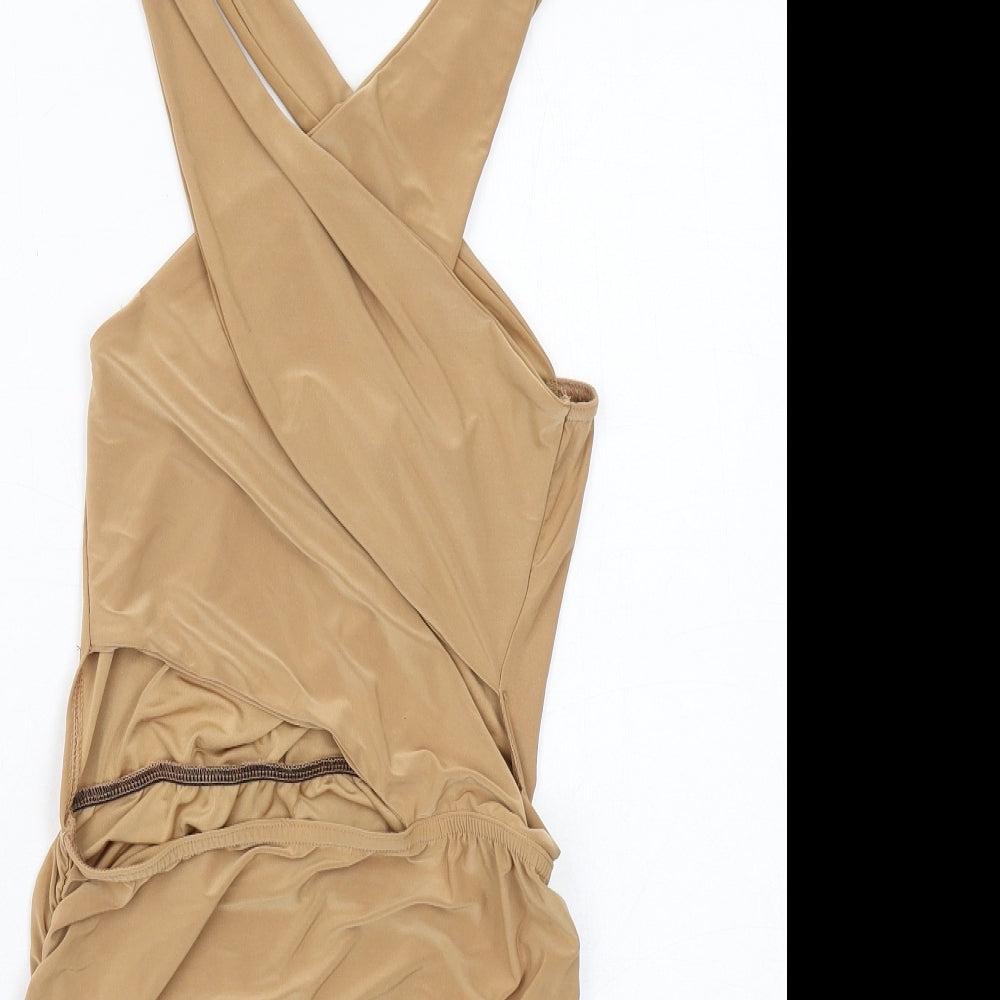 PRETTYLITTLETHING Womens Beige Polyester Mini Size 14 V-Neck Pullover