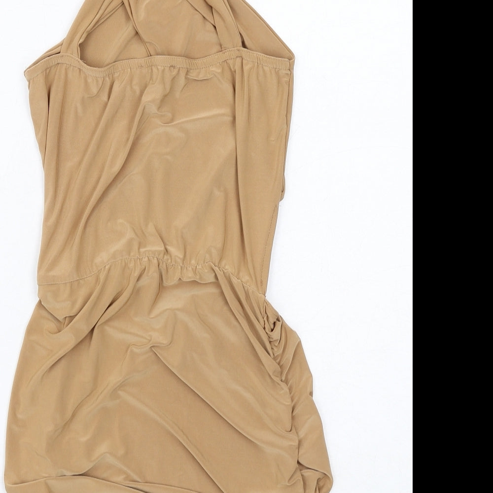 PRETTYLITTLETHING Womens Beige Polyester Mini Size 14 V-Neck Pullover