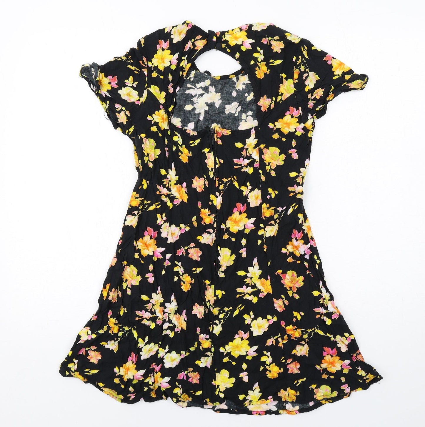 Motel Womens Black Floral Viscose A-Line Size S Round Neck Zip