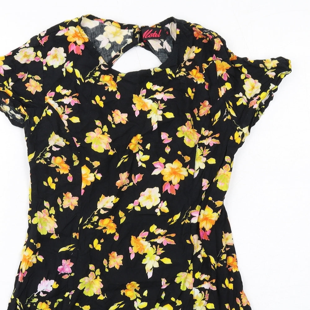 Motel Womens Black Floral Viscose A-Line Size S Round Neck Zip