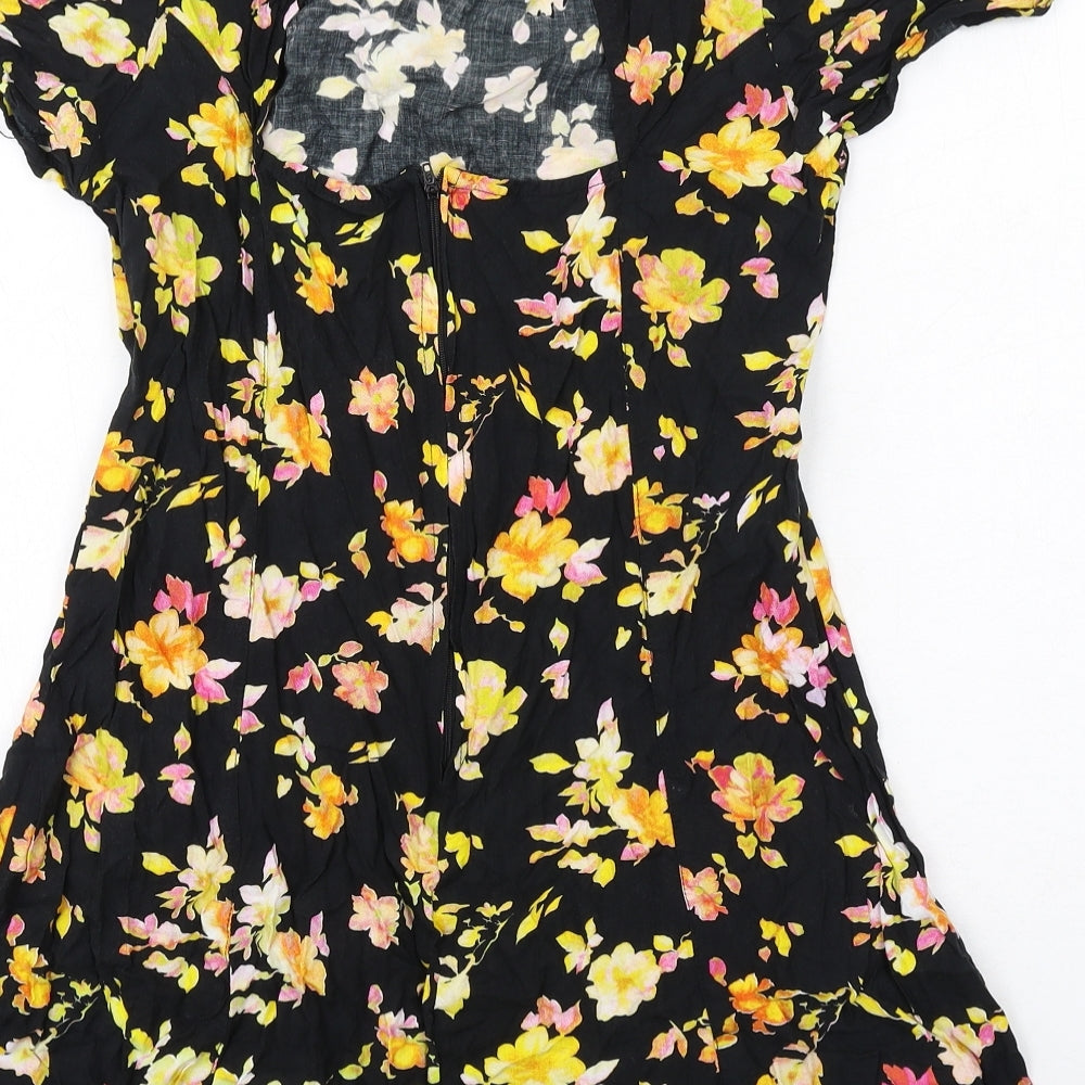 Motel Womens Black Floral Viscose A-Line Size S Round Neck Zip