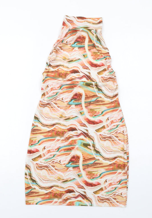 PRETTYLITTLETHING Womens Multicoloured Geometric Polyester Mini Size 12 Halter Button - Open Back