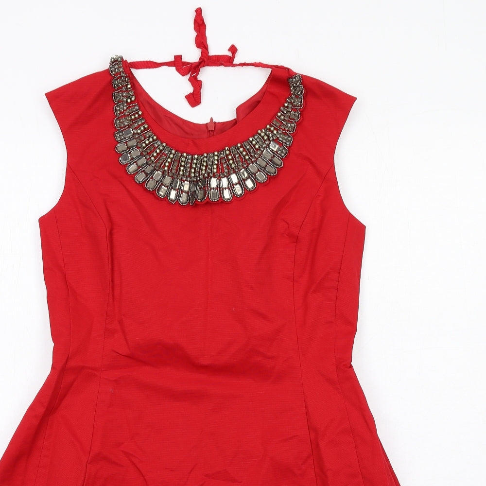 Oasis Womens Red Cotton A-Line Size 14 Round Neck Zip