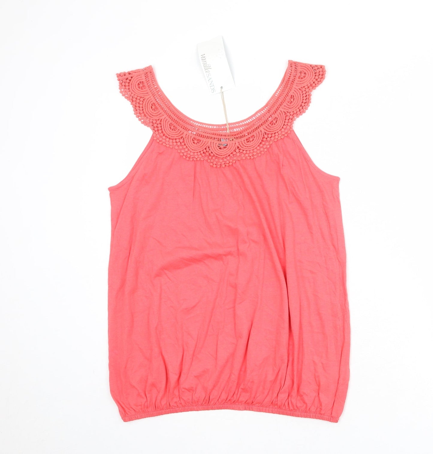 Vanilla Sands Womens Pink Cotton Basic Tank Size S Boat Neck - Crochet Trim