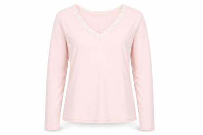 JFW Womens Pink Polyester Basic T-Shirt Size M V-Neck - Lace Details