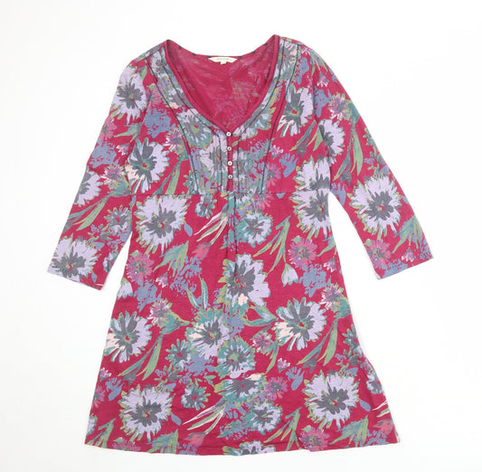 Marks and Spencer Womens Purple Floral 100% Cotton A-Line Size 12 V-Neck Button