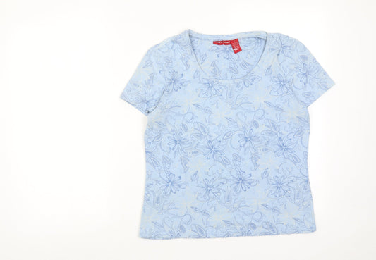 Gloria Vanderbilt Womens Blue Floral Cotton Basic T-Shirt Size L Round Neck