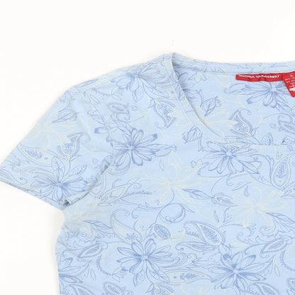 Gloria Vanderbilt Womens Blue Floral Cotton Basic T-Shirt Size L Round Neck
