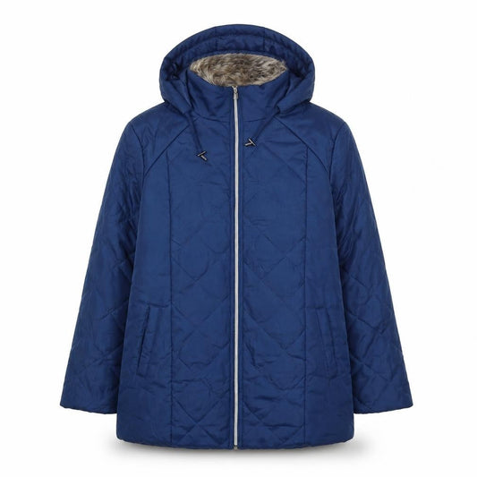 Front view of Anne De Lancay women’s blue quilted jacket, size M, zip