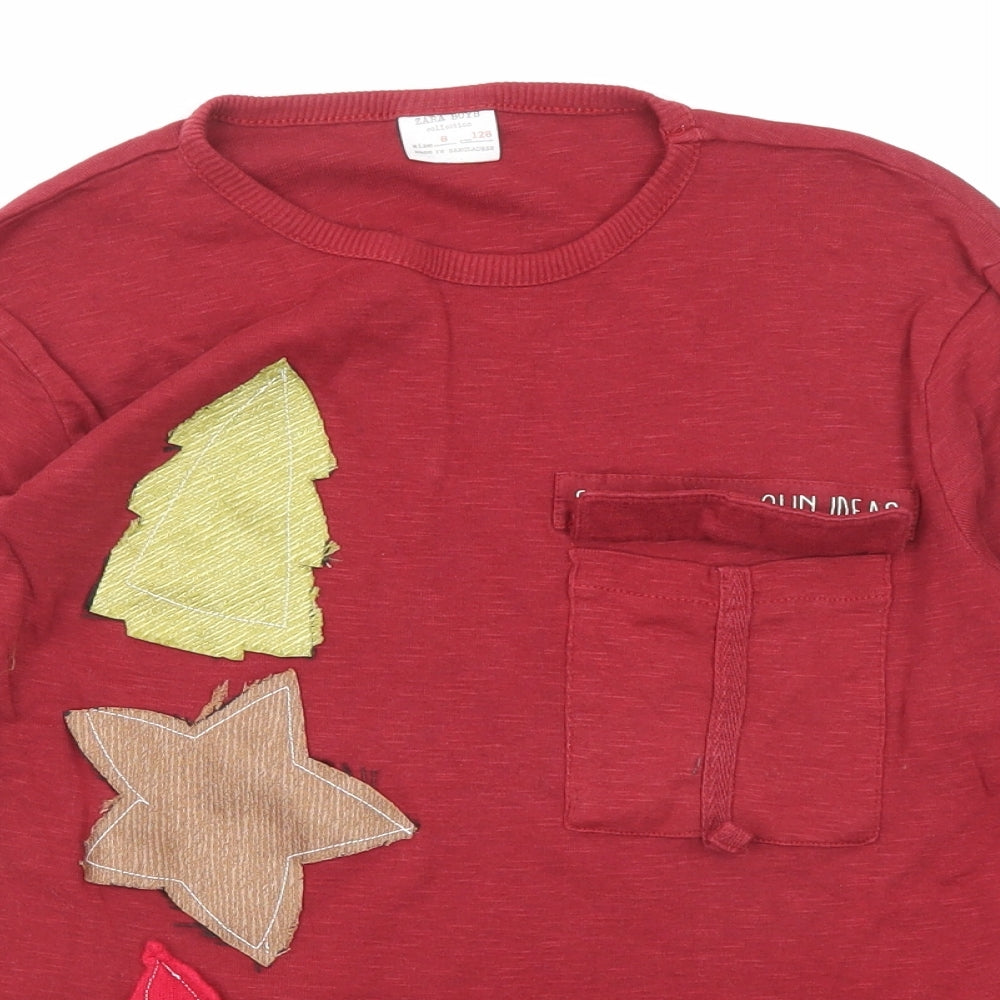 Close-up detail of Zara girls’ red cotton basic t-shirt, size 8, years round neck pullover