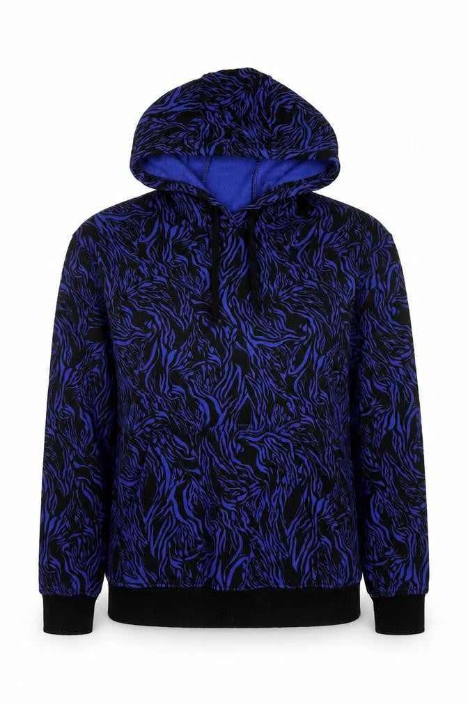 Front view of A.M. London women’s blue geometric cotton pullover hoodie, size UK 8, pullover