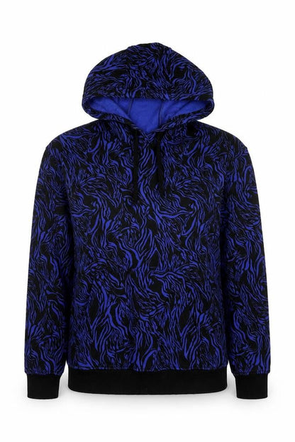 Front view of A.M. London women’s blue geometric cotton pullover hoodie, size UK 8, pullover