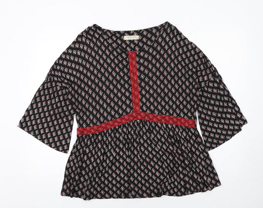 Indigo Womens Black Geometric Viscose Basic Blouse Size 14 V-Neck