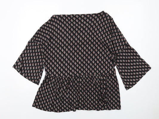 Indigo Womens Black Geometric Viscose Basic Blouse Size 14 V-Neck