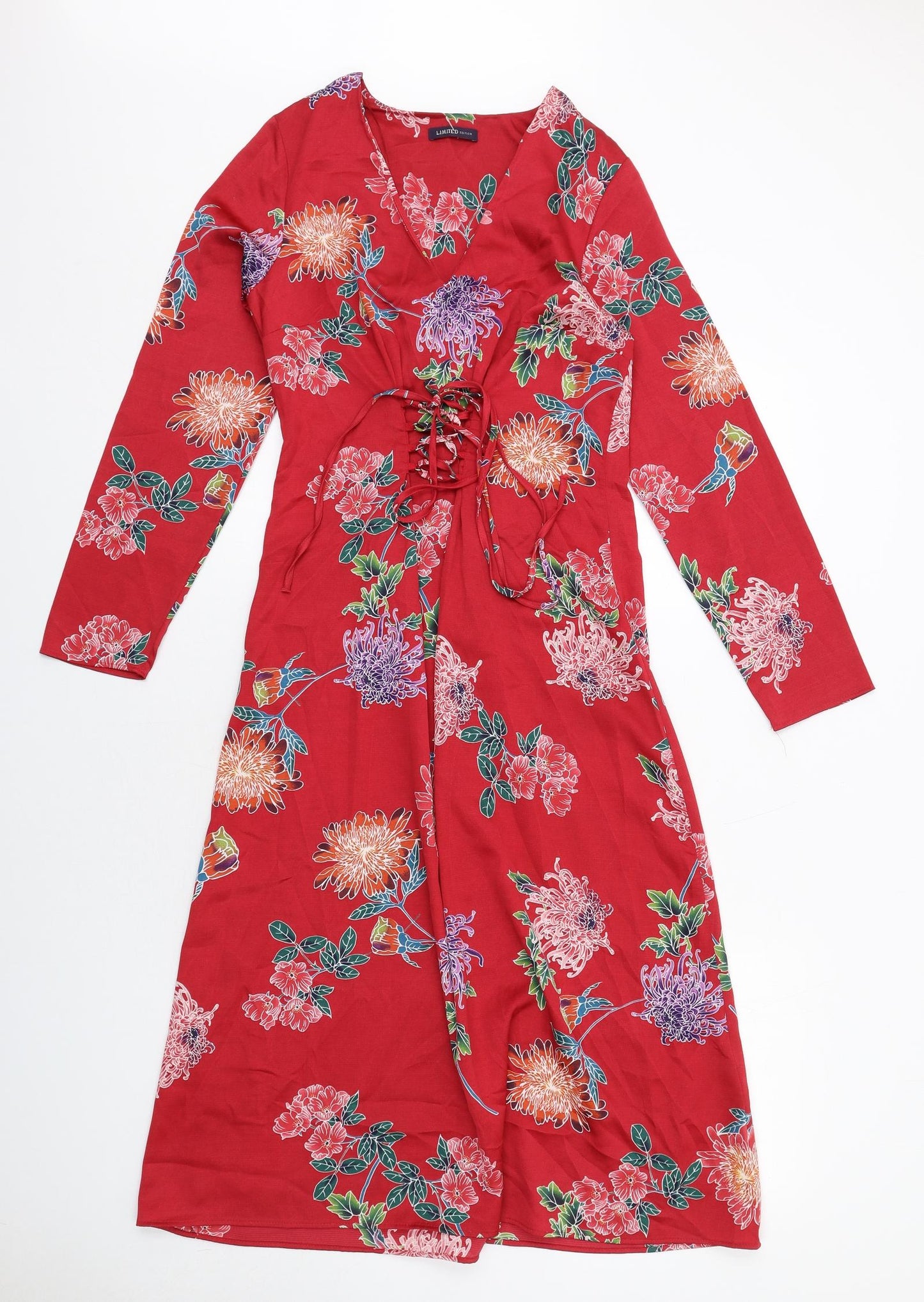 Limited Edition Womens Red Floral Polyester A-Line Size 8 V-Neck Pullover