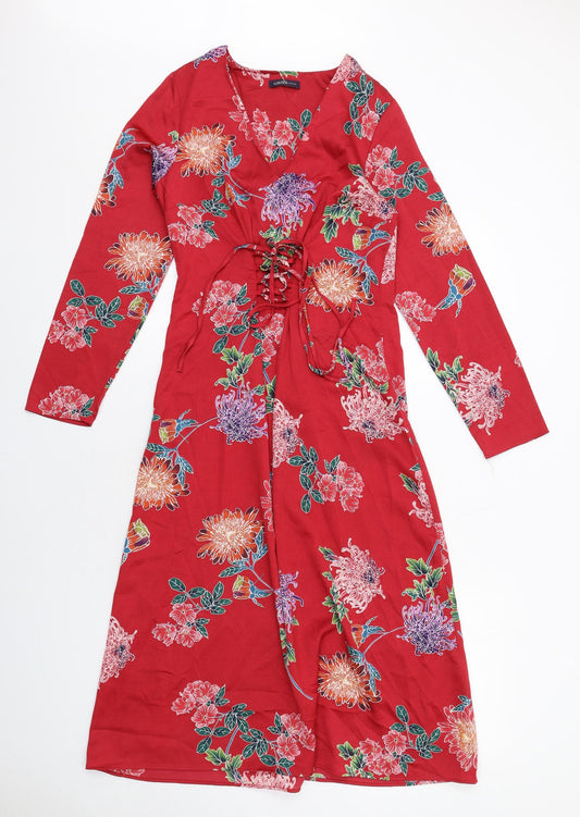 Limited Edition Womens Red Floral Polyester A-Line Size 8 V-Neck Pullover