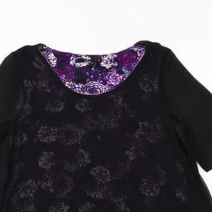 Bonmarché Womens Black Floral Polyester Basic Blouse Size 14 Boat Neck