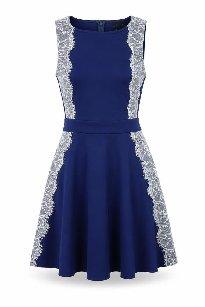 Front view of ASOS women’s blue polyester skater dress, size UK 12, round neck zip - lace details