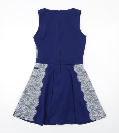 ASOS Womens Blue Polyester Skater Dress Size 12 Round Neck Zip - Lace Details