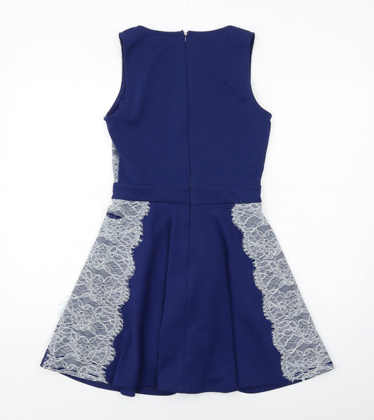ASOS Womens Blue Polyester Skater Dress Size 12 Round Neck Zip - Lace Details