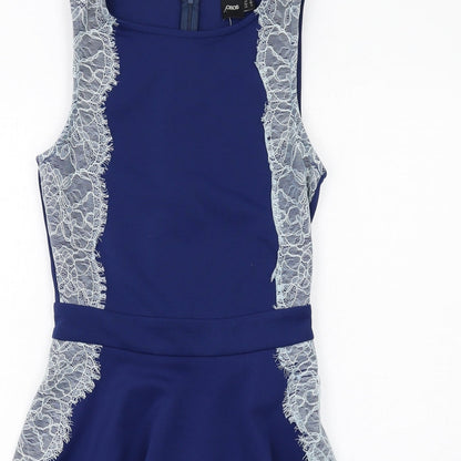 ASOS Womens Blue Polyester Skater Dress Size 12 Round Neck Zip - Lace Details
