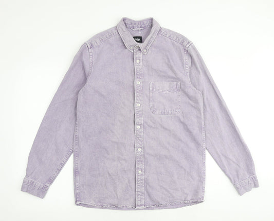 Zara Mens Purple Cotton Button-Up Size S Collared Button