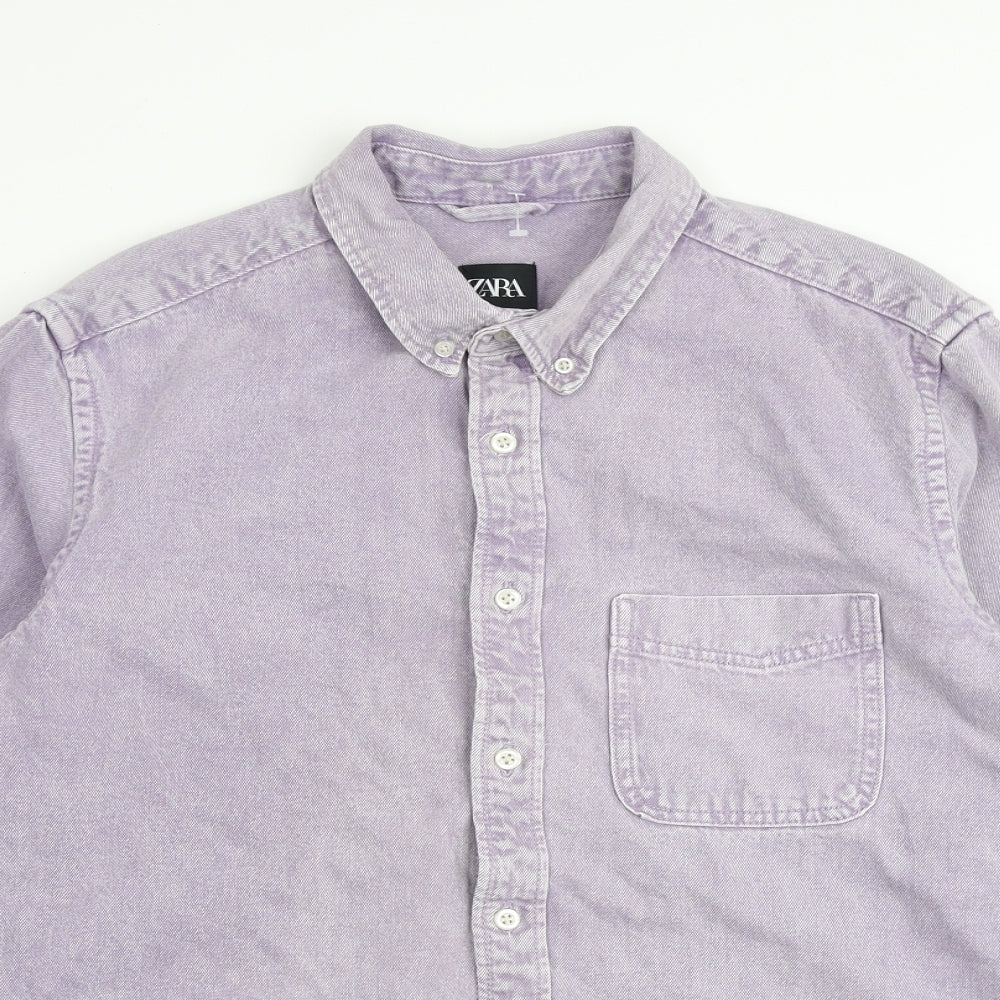 Zara Mens Purple Cotton Button-Up Size S Collared Button