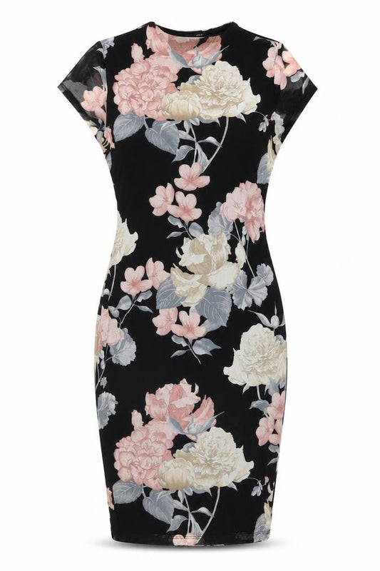 Front view of Fashion Nova women’s black floral polyester shift, size M, round neck pullover