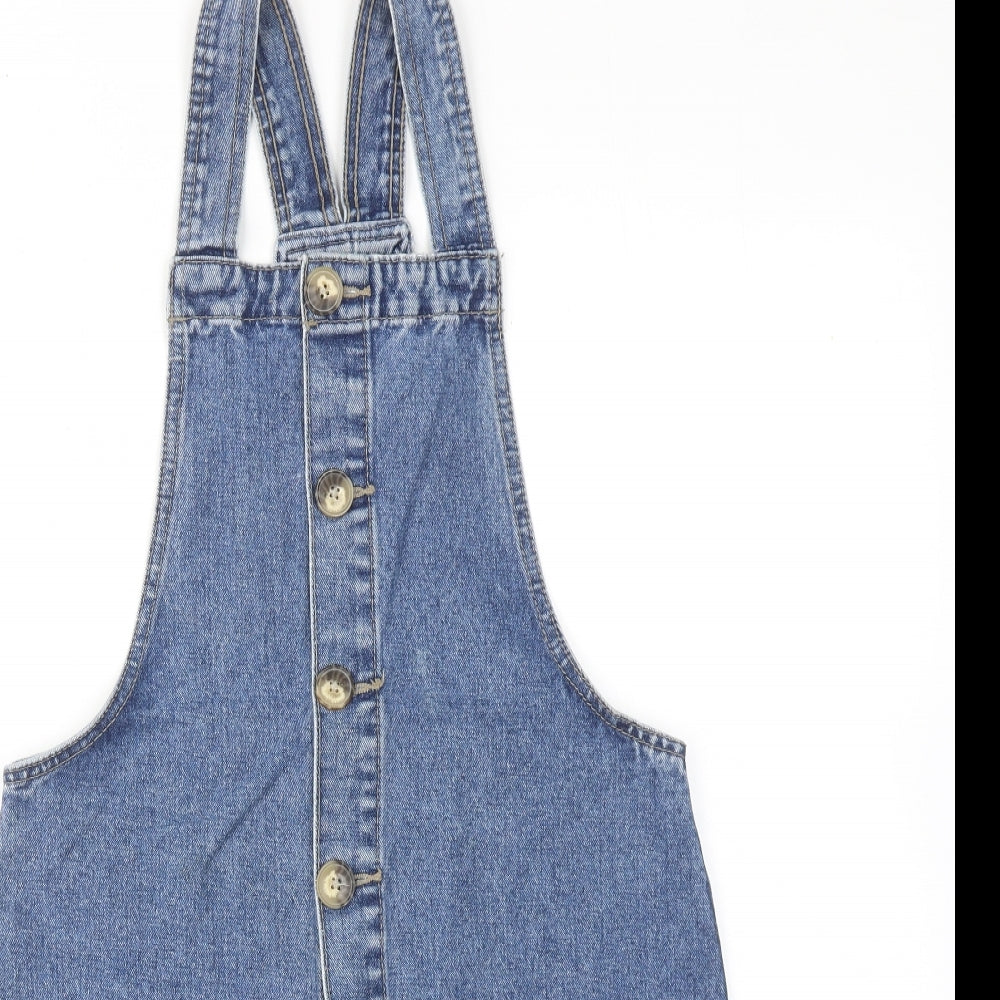 Denim & Co. Womens Blue Cotton Pinafore/Dungaree Dress Size 8 Square Neck Button