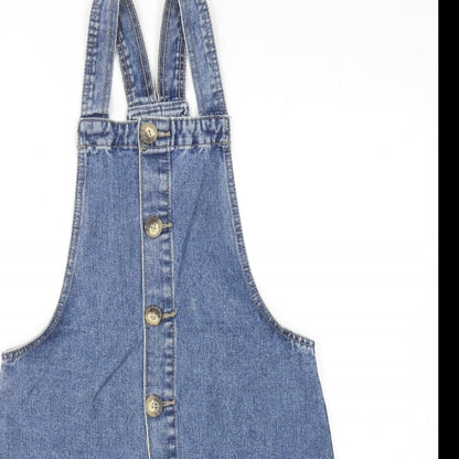 Denim & Co. Womens Blue Cotton Pinafore/Dungaree Dress Size 8 Square Neck Button