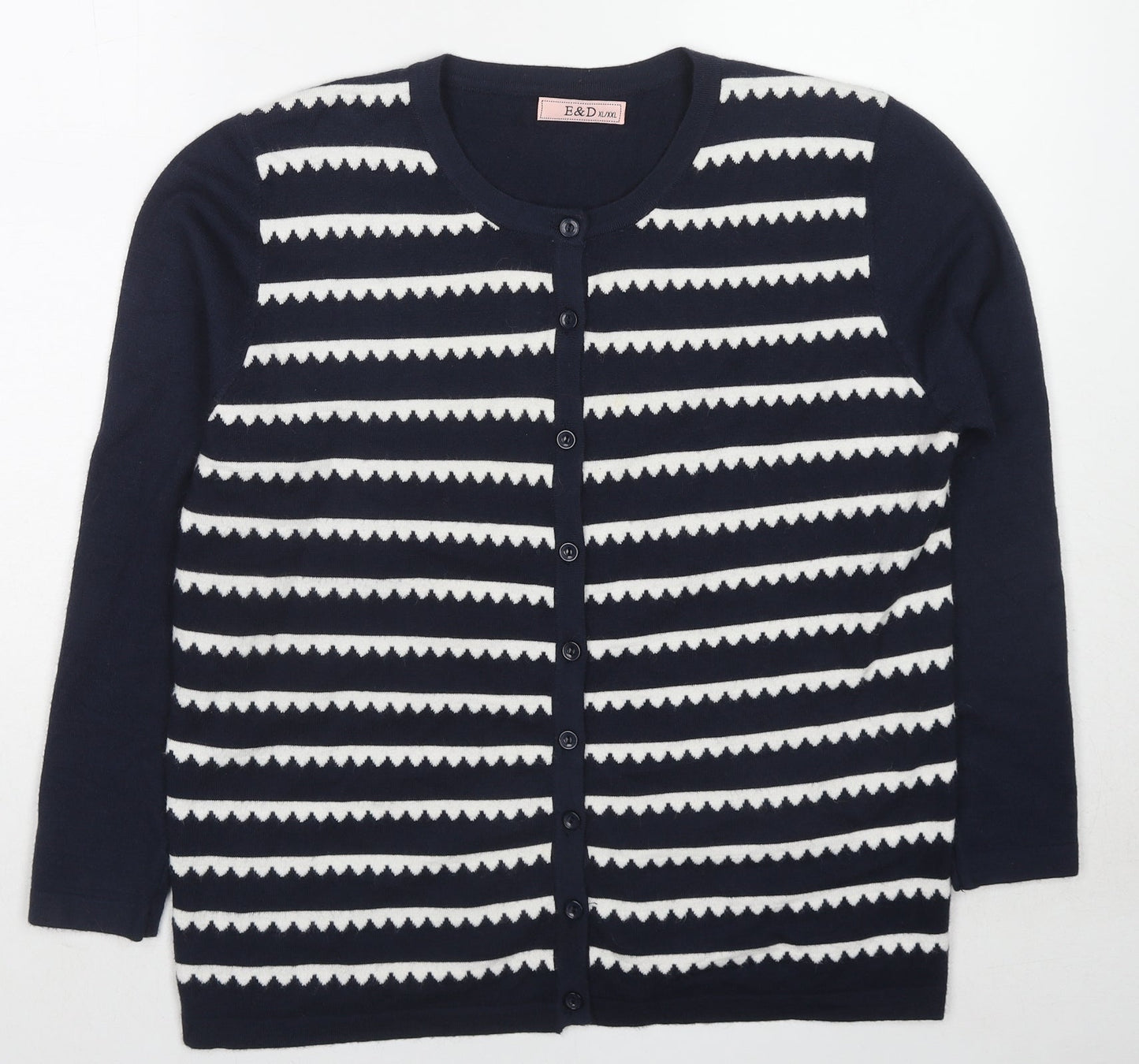 E&D Womens Blue Round Neck Striped Polyamide Cardigan Jumper Size XL - Size XL/XXL