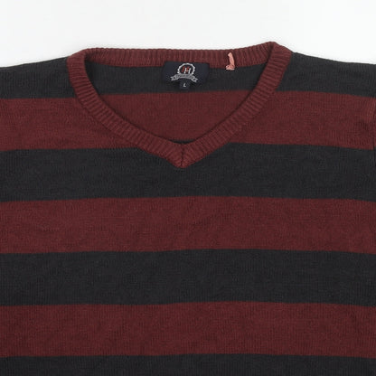 Hutson Harbour Womens Red V-Neck Striped Acrylic Pullover Jumper Size L