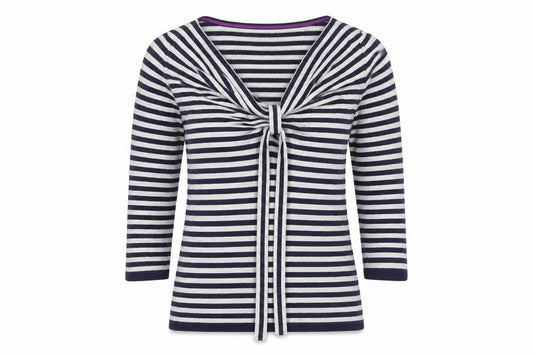 Front view of Oui women’s grey v-neck striped viscose jumper, size UK 10