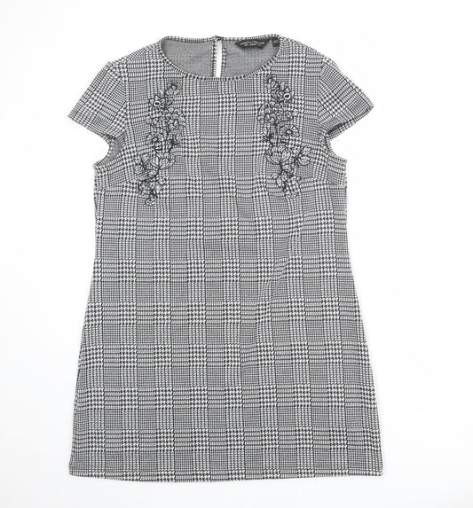 Dorothy Perkins Womens Grey Plaid Polyester A-Line Size 12 Round Neck Button - Flower Detail