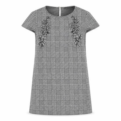 Dorothy Perkins Womens Grey Plaid Polyester A-Line Size 12 Round Neck Button - Flower Detail