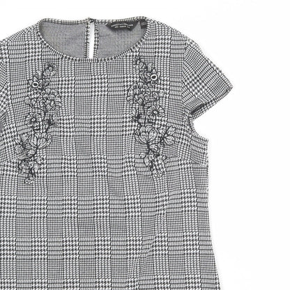 Dorothy Perkins Womens Grey Plaid Polyester A-Line Size 12 Round Neck Button - Flower Detail