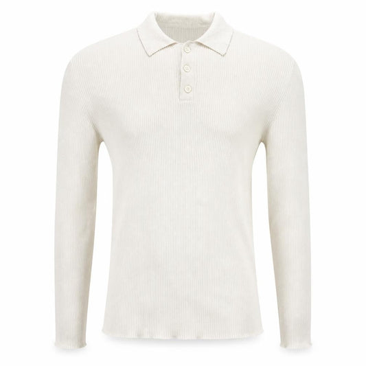 Front view of ASOS men’s beige cotton polo, size M, collared button
