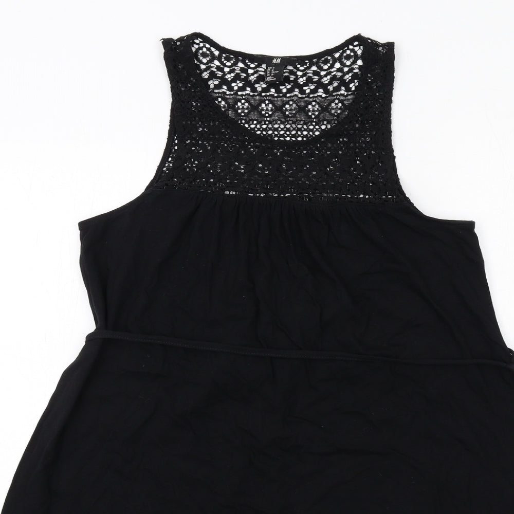 H&M Womens Black Cotton Tank Dress Size M Round Neck Pullover - Lace Details