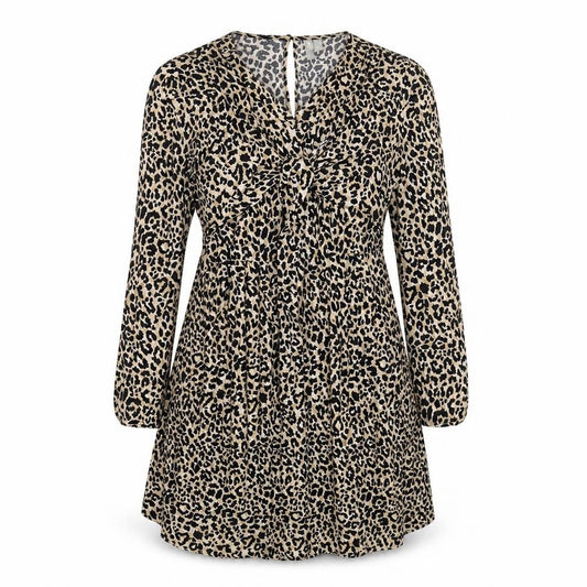 Front view of ASOS women’s beige animal print viscose a-line, size UK 12, round neck zip - leopard print, twist detail