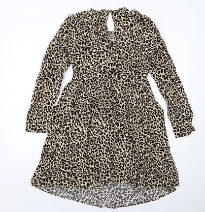 ASOS Womens Beige Animal Print Viscose A-Line Size 12 Round Neck Zip - Leopard Print , Twist Detail